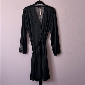 Black Satin Wrap Robe with Shawl Collar